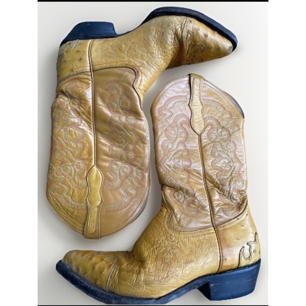 Vintage Dos De Oro Genuine Ostrich Tan Honey Western Cowboy Boots 6.5 US 25.5MX - Picture 3 of 13